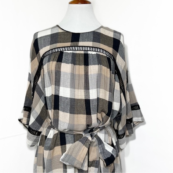 Anthropologie Black Cream Plaid Check Draped Tie Waist Belted Kimono ShirtDress - Picture 10 of 16